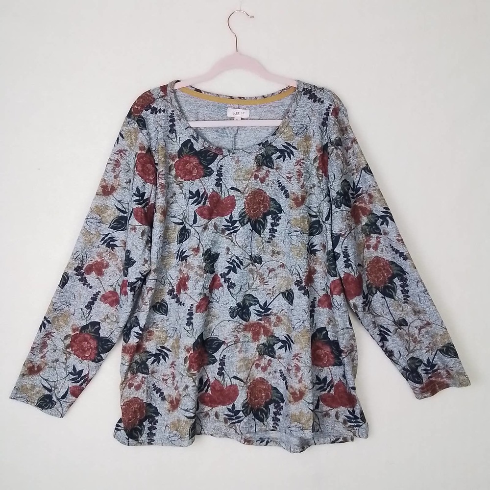 Per Se Womens‎ Knit Blouse 3X Gray Gold Green Floral Long Sleeve Relaxed Fit